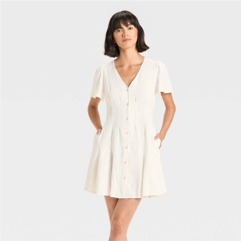 Short Sleeve Button-Front Mini A-Line Dress - Universal Thread™ White new 🆕